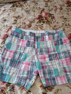 English Sports Shop - Plaid Madras Patchwork Cotton Shorts in Teal & Pink - 40